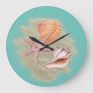 Tan Seashells Sand on Beach Wall Clock Große Wanduhr