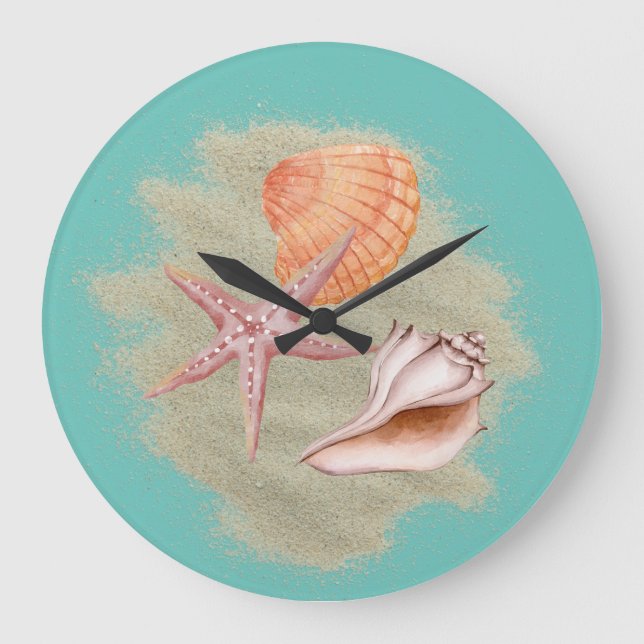 Tan Seashells Sand on Beach Wall Clock Große Wanduhr (Vorderseite)