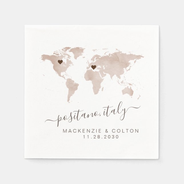 Tan Sepia Brown World MapMoveable Hearts Wedding Serviette (Vorderseite)