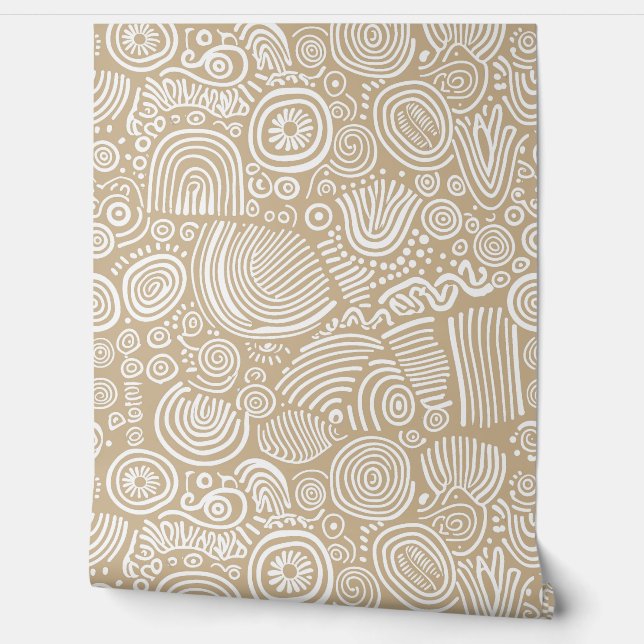 Tan Serenity: Whimsical Doodle Tapete (Abrollen)