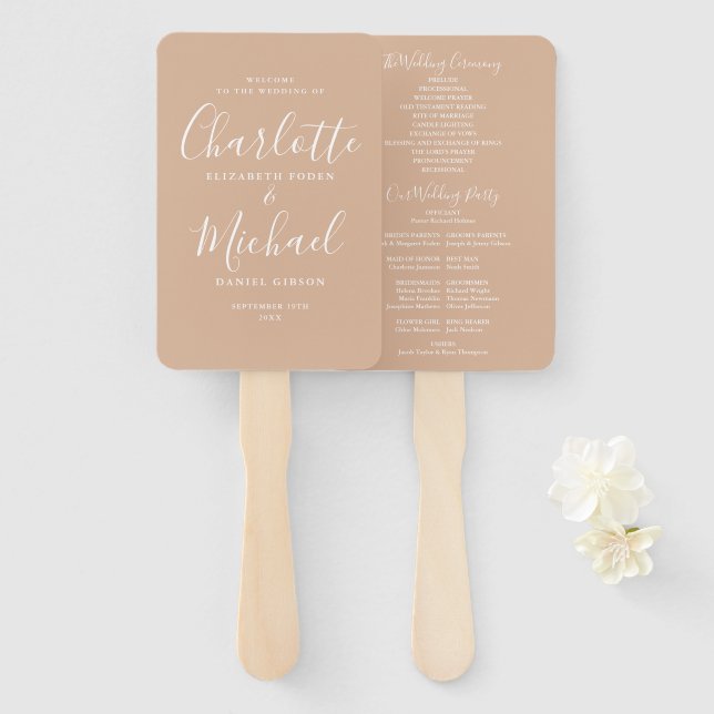 Tan Signature Script Wedding Program Fächer (Vorne und Hinten)