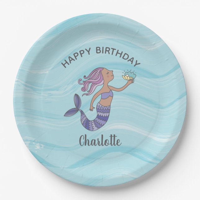 Tan Skin Lila Mermaid Birthday Pappteller (Vorderseite)