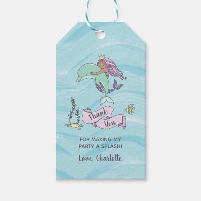Tan Skin Lila Mermaid mit Dolphin Vielen Dank Geschenkanhänger (Vorderseite)