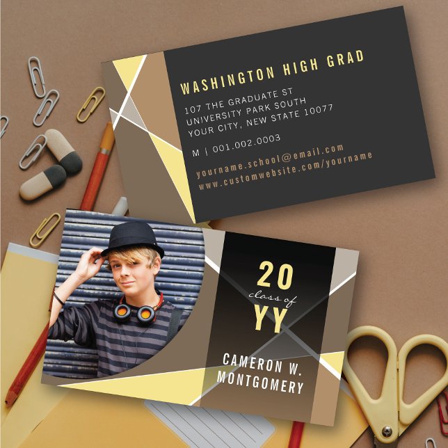 Tan Stylish Geometric Lines Mod Foto Graduate Telefonnummerkarte (Tan Stylish Geometric Criss Cross Photo Graduation Calling / Name Card @ zazzle.com/color_therapy)