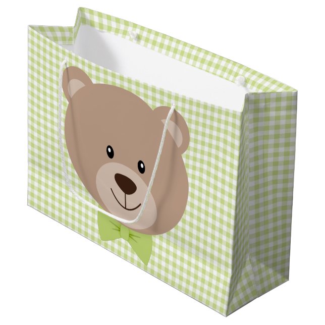 TAN TEDDY BEBAR MIT GRÜNEN BOW KRAWATTE & GINGHAM  GROßE GESCHENKTÜTE (Vorderseite Schrägansicht)