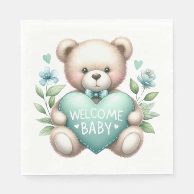 TAN TEDDY BEBEN MIT PASTEL GRÜNES HERZ SERVIETTE (Vorderseite)