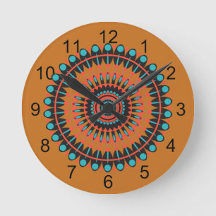 Tan & Turquoise Southwestern BOHO Mandala Runde Wanduhr
