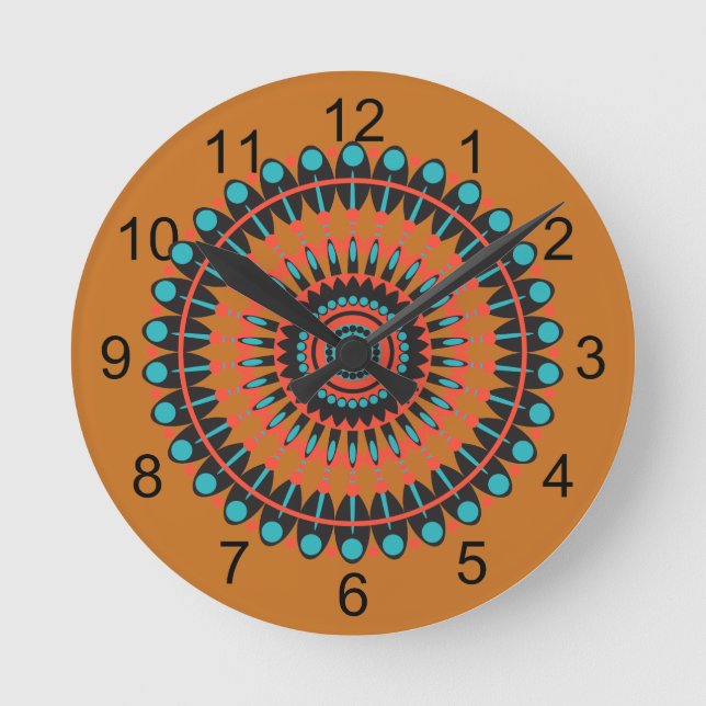 Tan & Turquoise Southwestern BOHO Mandala Runde Wanduhr (Vorderseite)
