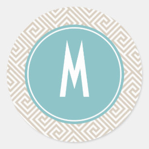 Tan und Aqua Griechisches Schlüsselmuster Monogram Runder Aufkleber