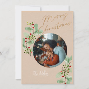 Tan und Beige Holly Circle Weihnachtskarte Feiertagskarte