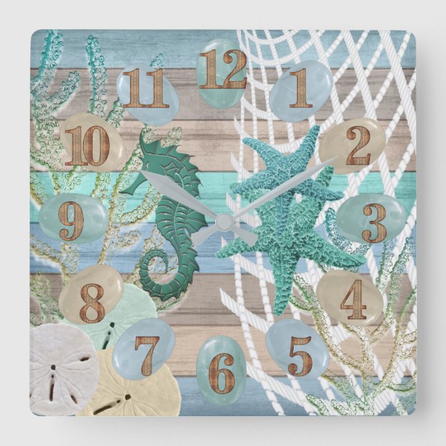 Tan und Blue Beach Wood nautical Quadratische Wanduhr (Vorderseite)