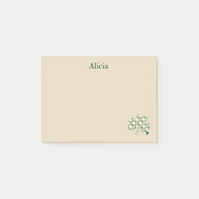 Tan und Grüne Karierte Klee Post-it Klebezettel (Vorderseite)