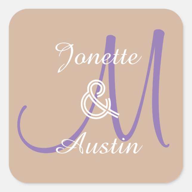 TAN und LILA Monogramm-Hochzeitsticker A3 Quadratischer Aufkleber (Vorderseite)