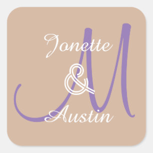 TAN und LILA Monogramm-Hochzeitsticker A3 Quadratischer Aufkleber