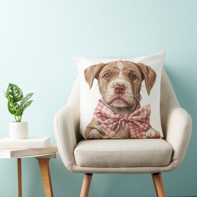 TAN UND WEISS PUT BULL PUPPY HUND MIT PINK BOW KISSEN (Stuhl )