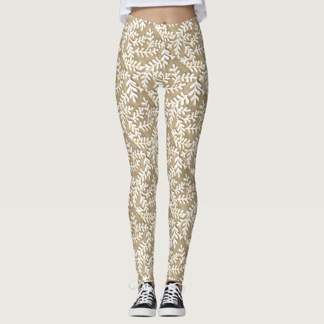 Tan und weiße Blätter Leggings (Vorderseite)