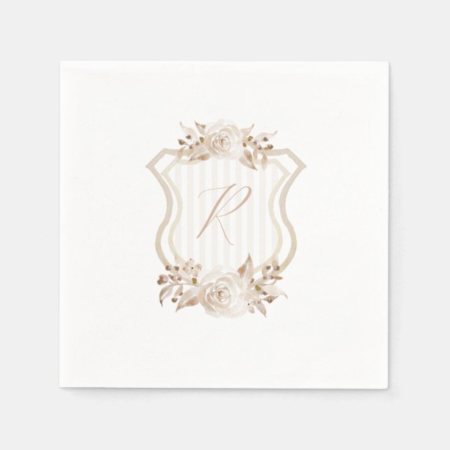 Tan Watercolor Monogram Floral Serviette (Vorderseite)