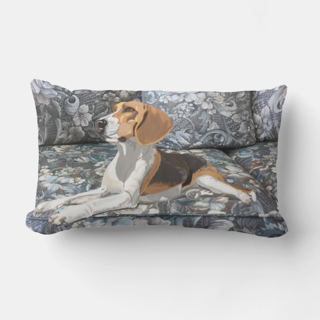Tan White & Black Beagle auf einem blauen Sofa Lendenkissen (Vorderseite)