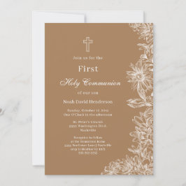 Tan White Floral First Heilige Kommunion Einladung