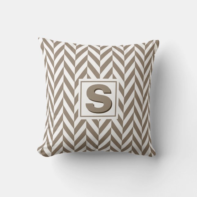 Tan White Herringbone Monogram Kissen (Vorderseite)