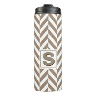 Tan White Herringbone Monogram Thermosbecher
