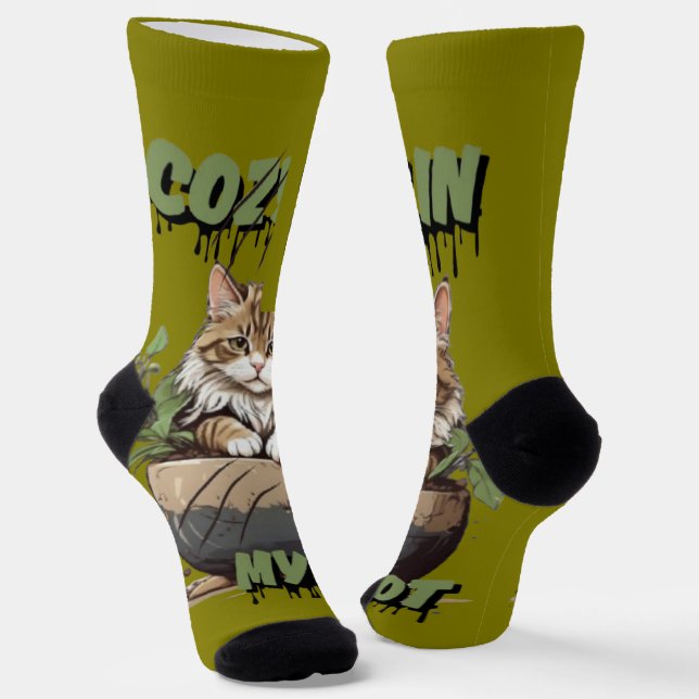 Tan & White Niedlich Cat Pot Design Socken (Gewinkelt)