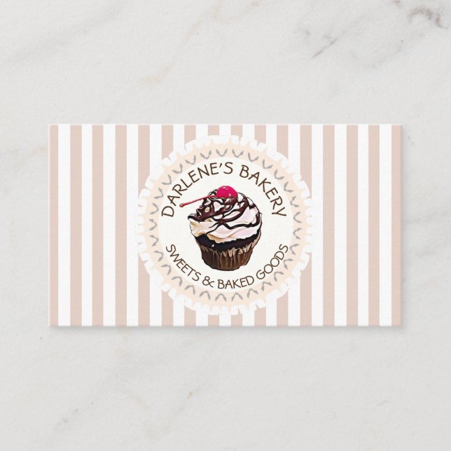 Tan & White Strip Chocolate Cupcake Business Card Visitenkarte (Vorderseite)