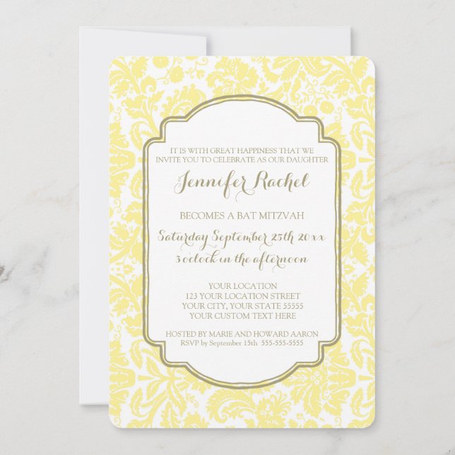 Tan Yellow Damask Bat Mitzvah Einladungen (Rückseite)