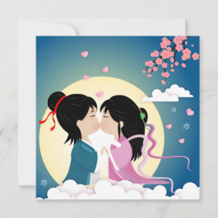 Tanabata Cowhere and Weaver Girl Button Postcard