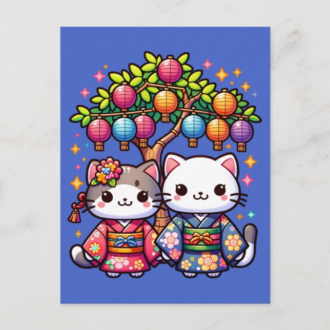 Tanabata Kittens in Kimonos Postkarte (Vorderseite)