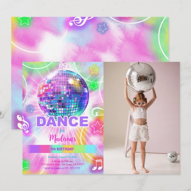 Tance Birthday Party Neon Glow Foto Einladung (Vorne/Hinten)