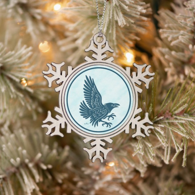Tancing Blue Raven Schneeflocken Zinn-Ornament (Baum)
