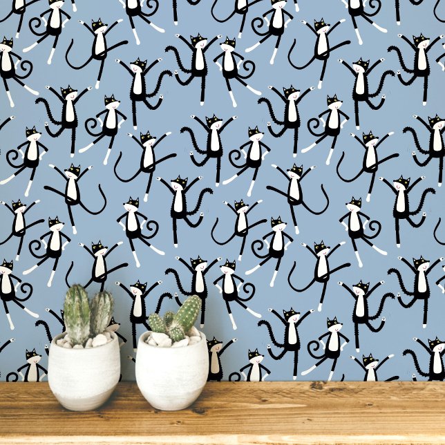 Tancing Cat Pattern Blau Tapete (Fun black and white tuxedo cat pattern blue peel and stick art wallpaper)