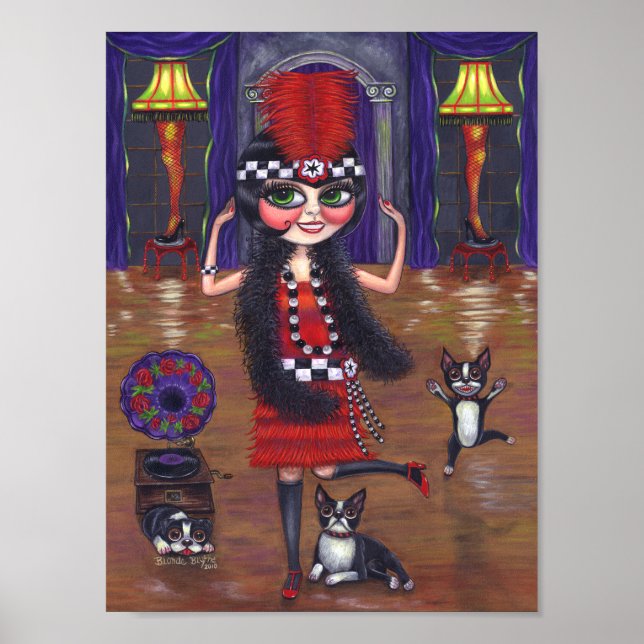 Tancing Flapper Girl Boston Terrier Dog Gramophon Poster (Vorne)