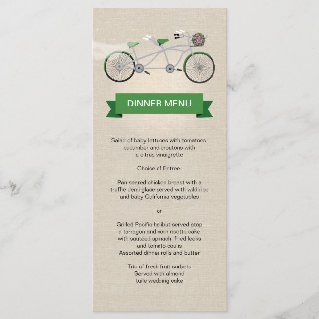 Tandem Bicycle Green Wedding Menu Imitate Linen Menükarte (Vorderseite)