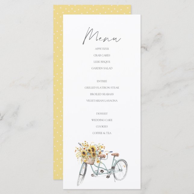 Tandem Bicycle Rustikale Sonnenblume Wasserfarbenh Menükarte (Vorne/Hinten)