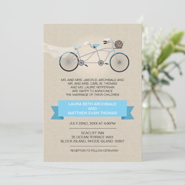 Tandem Bicycle Wedding Imitate Linen Einladung (Stehend Vorderseite)
