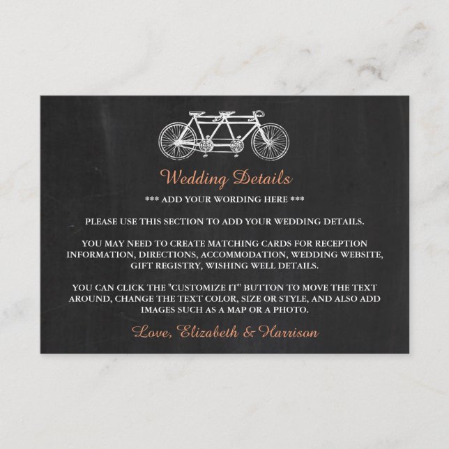 Tandem-Fahrrad auf Kopfbrett Hochzeitsbeilage Begleitkarte (Vorderseite)