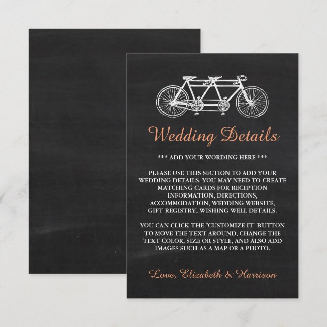 Tandem-Fahrrad auf Kopfbrett Hochzeitsbeilage Begleitkarte (Vorne/Hinten)