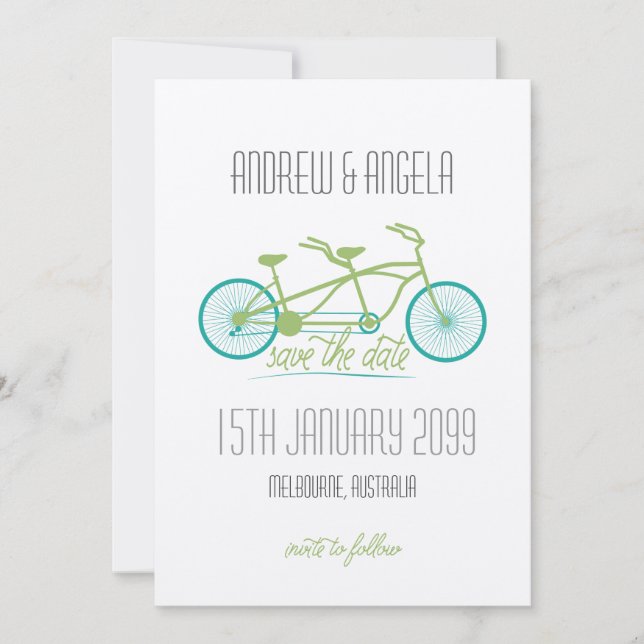 Tandem Fahrrad / Fahrrad Moderne Hochzeit retten d Save The Date (Vorderseite)