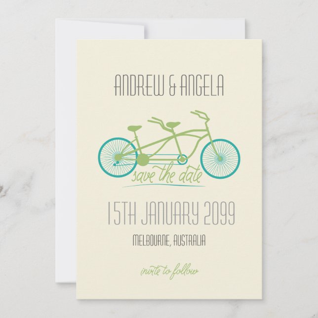 Tandem Fahrrad / Fahrrad Moderne Hochzeit retten d Save The Date (Vorderseite)