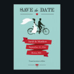 Tandem-Fahrrad Speichern Sie die Datumskarten Save The Date<br><div class="desc">Trendy Speichern Sie die Date-Karten mit einer Braut und Bräutigam auf einem Tandem-Fahrrad. Spaß Vintages Design mit rotem Banner auf einem Aqua-Hintergrund. Auch in anderen Farben erhältlich. Entnehmen Sie den entsprechenden Save the Date-Briefmarke unten:</div>