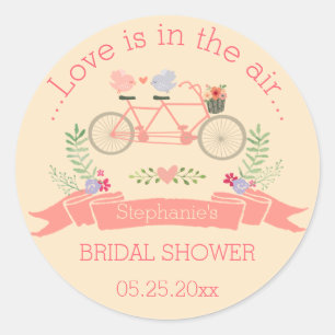 Tandem Fahrrad, Vögel und Banner-Brautparty Runder Aufkleber