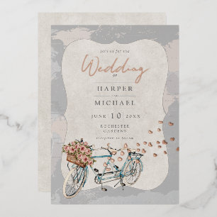 Tandem-Fahrrad-Weltkarte Hochzeit Folieneinladung
