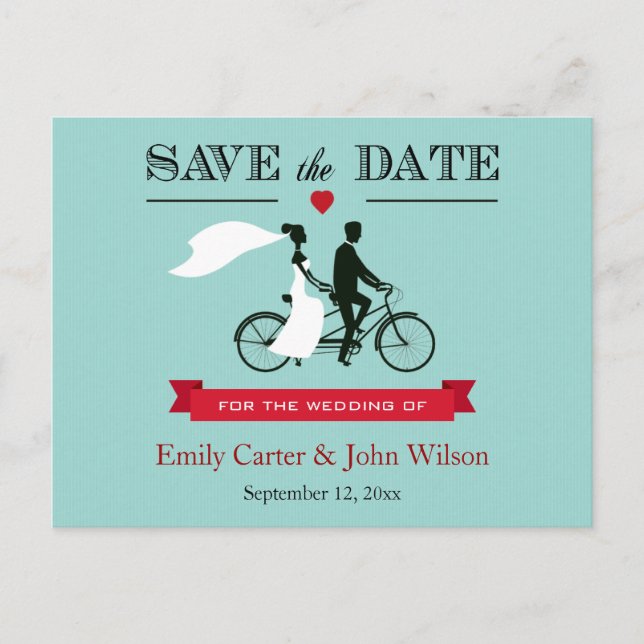 Tandem FahrradWedding Save the Date Postcard Ankündigungspostkarte (Vorderseite)