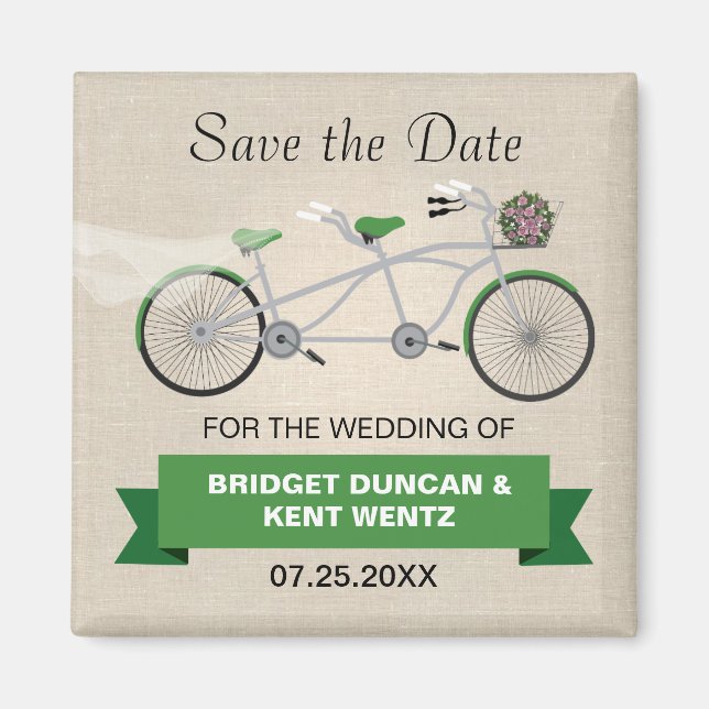 Tandem Green Bicycle Save the Date Magnet (Vorne)