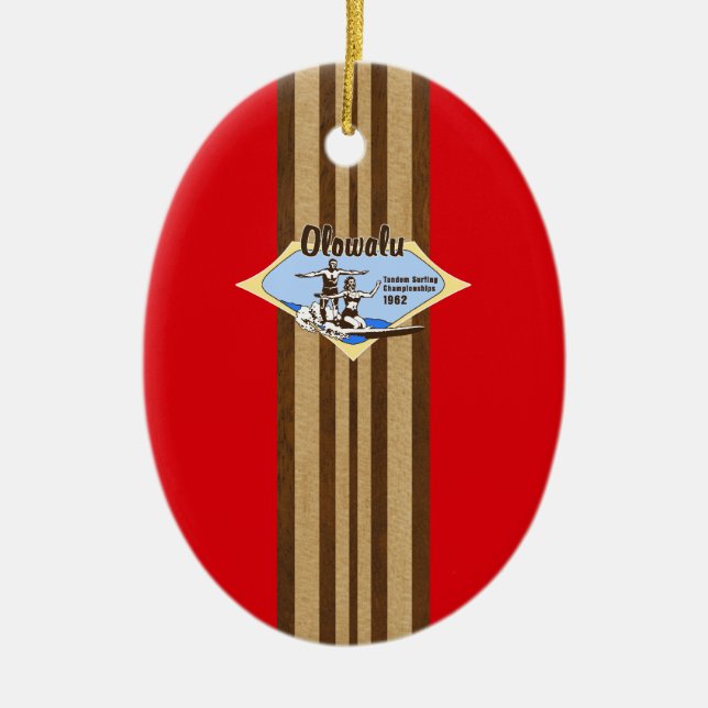 Tandem Surfen Hawaiianische Imitate Holzsurfboard Keramik Ornament (Vorne)