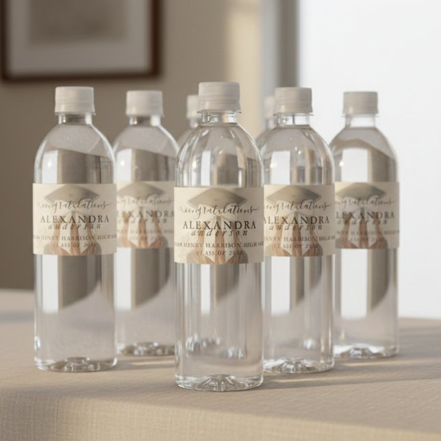Tändliche Kalligrafie Abschluss-Schleife Wasserflaschenetikett (Whimsical Calligraphy Graduation Bow Water Bottle Label)