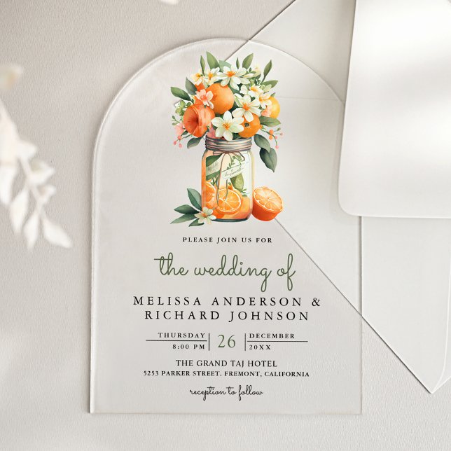 Tangerine Citrus Orange Mason Jar Wedding Acryleinladungen (Von Creator hochgeladen)