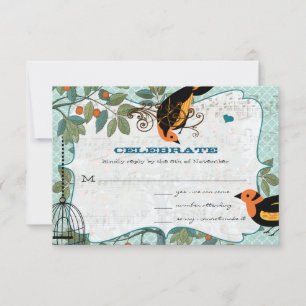 Tangerine Gelb & Schwarze Art Deco inspirierte Vög RSVP Karte